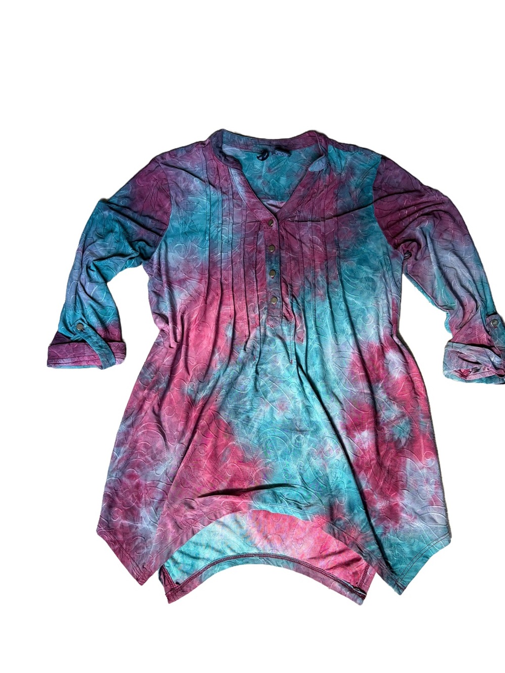 new directions Teal & Magenta Tie-Dye V-Neck Button Tunic
